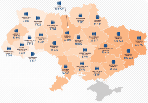 Karte der Verteilung der Binnenflüchtlinge in der Ukraine
