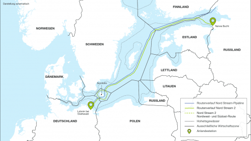Die Route der Erdgaspipeline Nord Stream 2 durch die Ostsee.